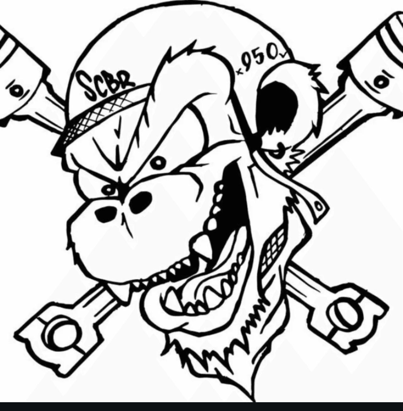 So Cal Bolt Riders logo: gorilla in a motorcycle helmet with SCBR lettering over crossed pistons